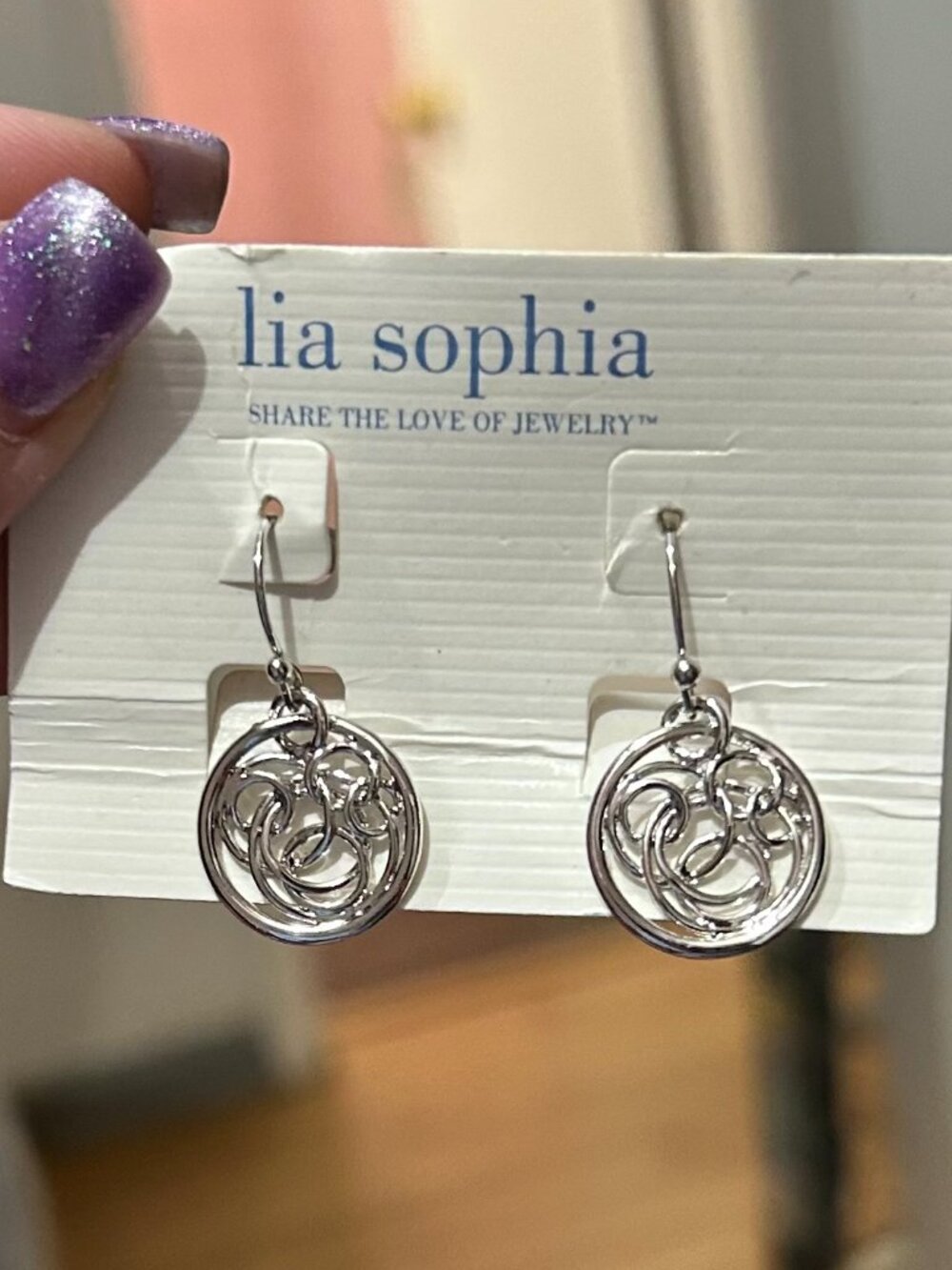 Lia Sophia Silver Tone Swirl Circle Drop Earrings NWT